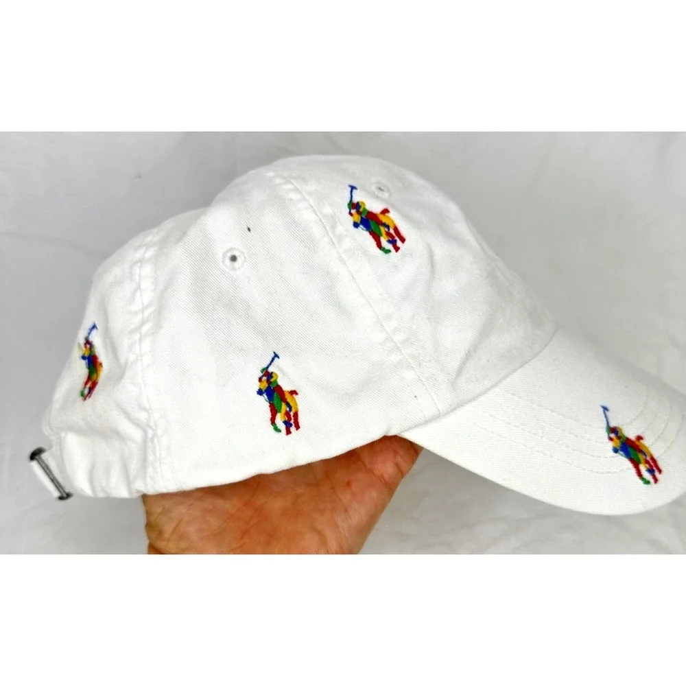 Polo Ralph Lauren Baseball Cap White Rainbow Embroidered Horses Cotton As Is